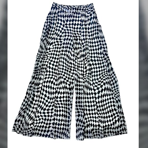 Versona Black White Checkered Palazzo Super Wide Leg Pull On Pants Women size S - Picture 1 of 5